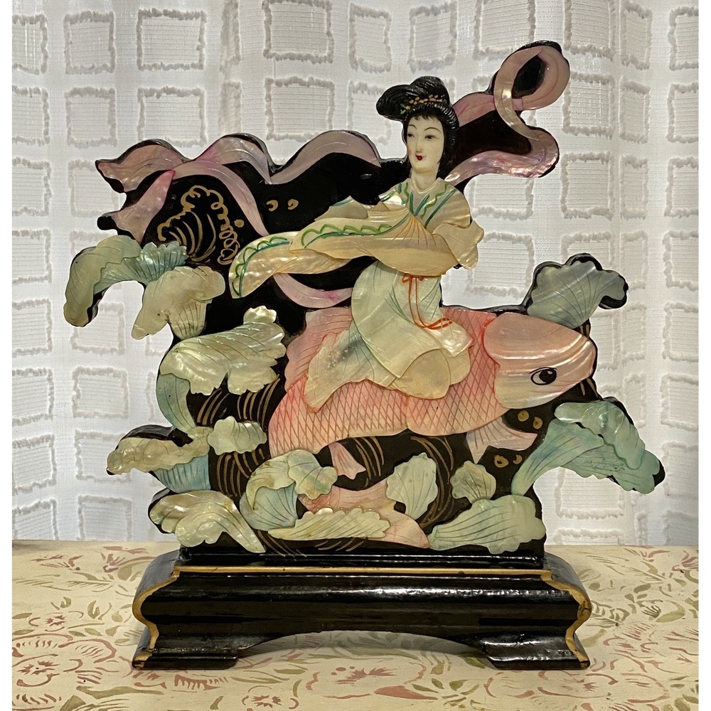 Vtg Chinese Mother Of Pearl Table Plaque Sea Maiden Koi Fish Lacquer Wood Base